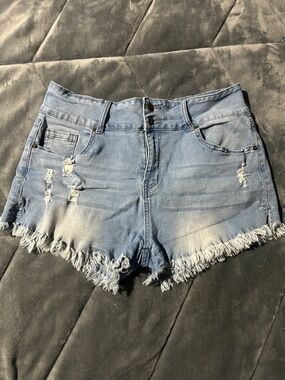 Women’s Distressed Fringe Hem Denim Shorts - Light Blue